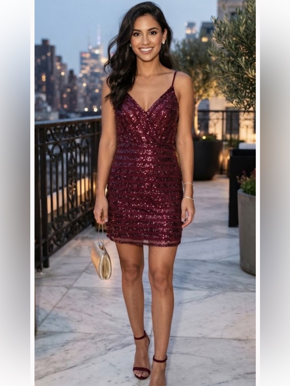 Burgundy Sequin Striped V-Neck Mini Dress